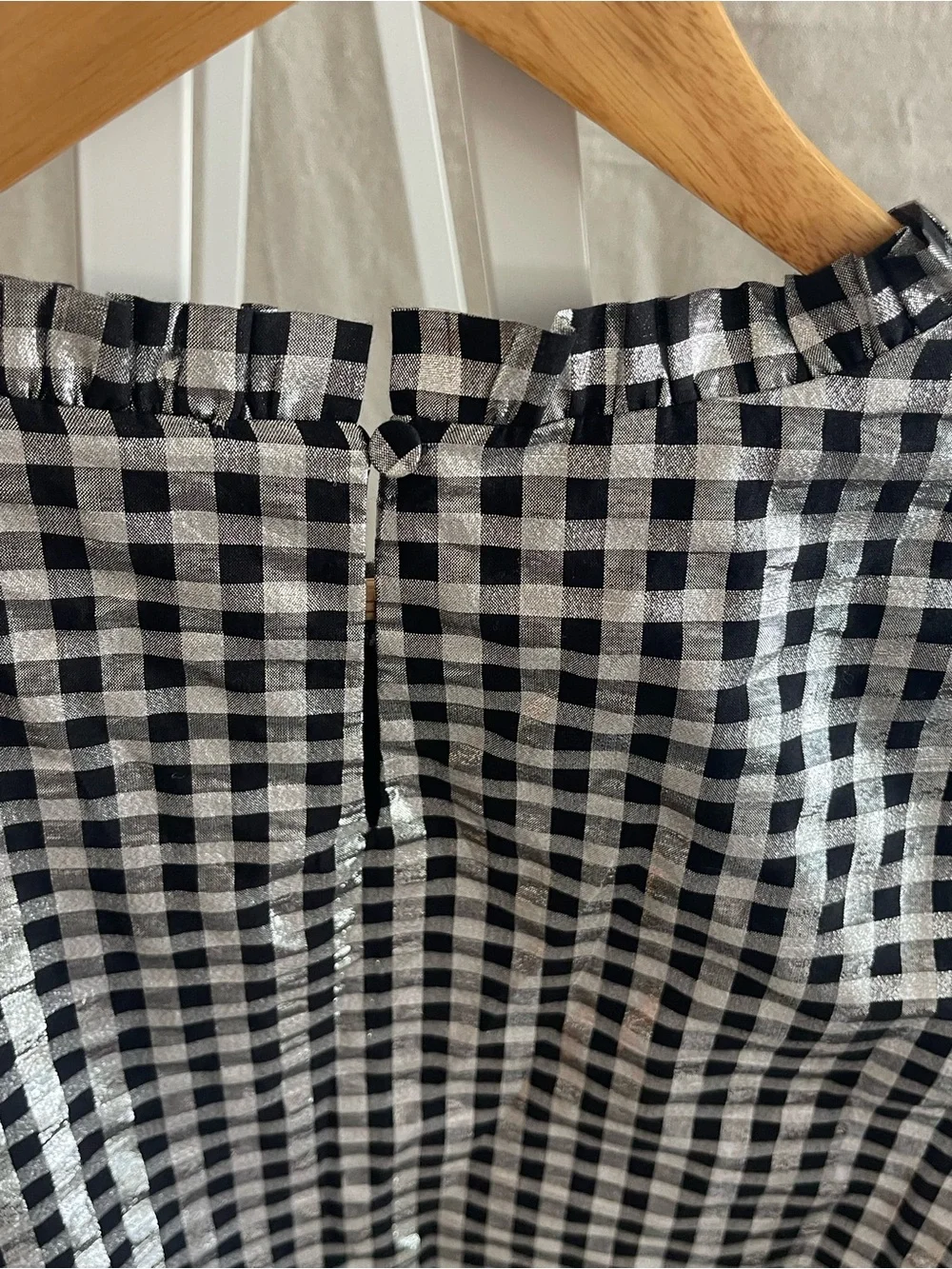 J.Crew Factory Shiny Gingham Puff Sleeve Top Black Silver Lurex M